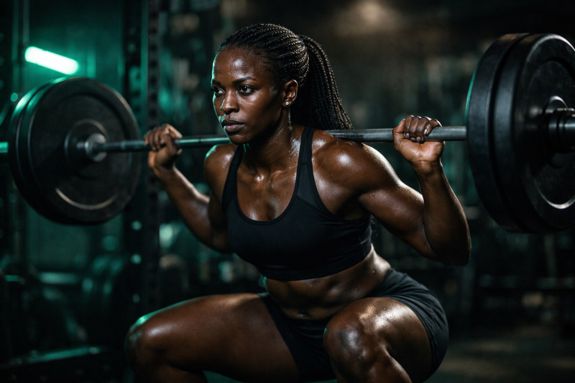 Kenyan woman performing a barbell squat